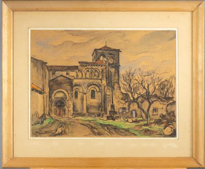 une image représentant un tableau d'un vieux bâtiment avec une tour horloge