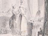 drawing of a woman in a white dress standing in a room next to a bed