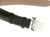 black leather watch strap with white stitching and silver buckle