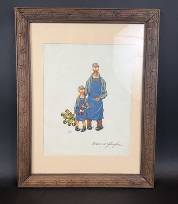 tableau représentant un homme et un enfant avec un chien et un jouet
