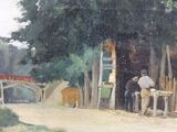 a painting of a man standing in front of a building