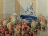 a painting of a bowl of fruit on a table