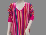 pink multicolored striped top with v - neck and long sleeves on mannequin head