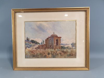 a painting of an old church in a field with a sky background