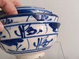 a person holding a blue and white bowl in a display case