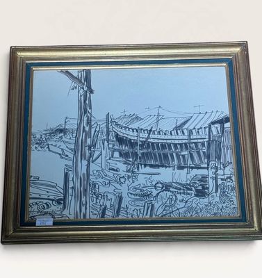 framed picture of a picture of a baseball stadium with a blue background
