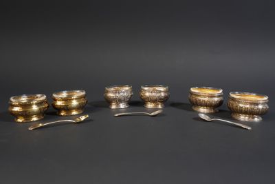 a set of six silverplated bowls and spoons