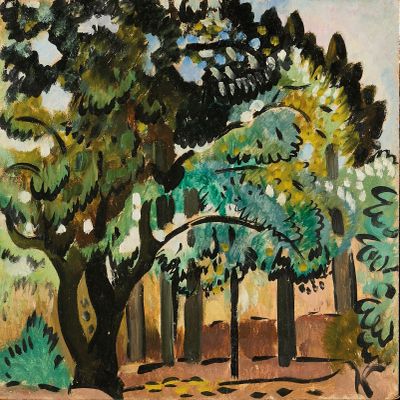 une image représentant un tableau d'un parc avec des arbres et un banc