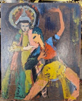 une peinture à l'huile représentant une femme dansant avec un enfant sur ses genoux