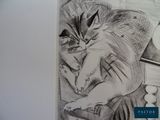 a black and white drawing of a cat sleeping on a couch