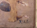 a picture of a painting of a dog with a hat and a bag