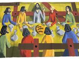 tableau représentant un grand groupe de personnes assises autour d'une table