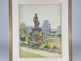 painting of a statue in a garden with a building in the background