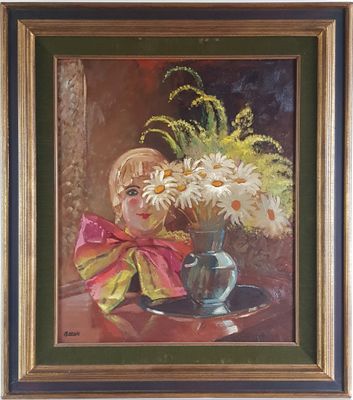 tableau représentant une petite fille avec des fleurs dans un vase posé sur une table
