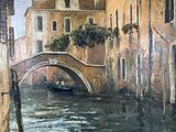 a painting of a boat going under a bridge in the water