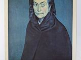 un tableau représentant une femme vêtue d'une cape noire sur fond bleu