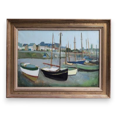 a painting of boats in a harbor with buildings in the background