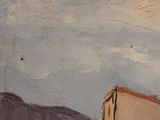 a painting of a building with a clock on it ' s side