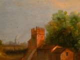 an oil painting of a castle on a hill with a river in the foreground