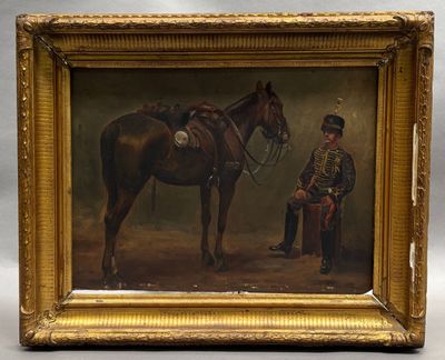 une peinture à l'huile représentant un homme assis à cheval à côté d'un homme en uniforme