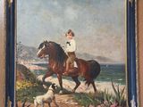 painting of a boy riding a horse with a dog on the beach