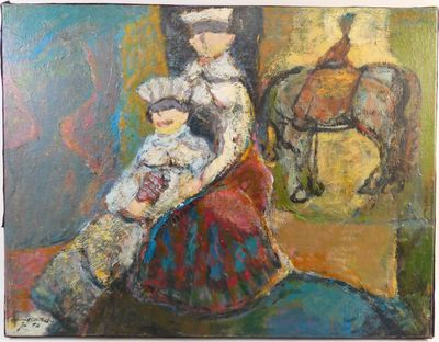 painting of a woman with a child and a horse in the background