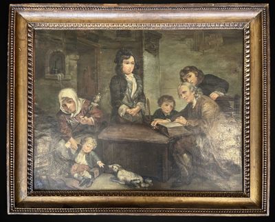 an old painting of a family gathered around a table in a room