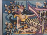a picture of a tapestry with a woman playing a harp