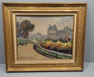une peinture à l'huile représentant une scène de parc avec des personnes qui se promènent au loin