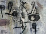 a painting of a man and a woman standing in front of a group of masks