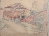 dessin représentant une maison au toit rouge et une colline escarpée