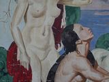 a painting of a man and a woman sitting on a bench