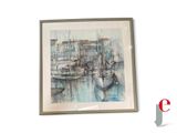 a picture of a watercolor painting of boats in a harbor