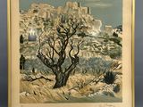 une peinture à l'huile représentant un paysage désertique avec un arbre au premier plan