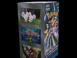 a box of pokemon cards on display on a black background