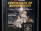 un certificat d'authenticité Lego Star Wars présenté dans une vitrine