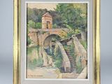 a painting of a bridge over a river with a building in the background