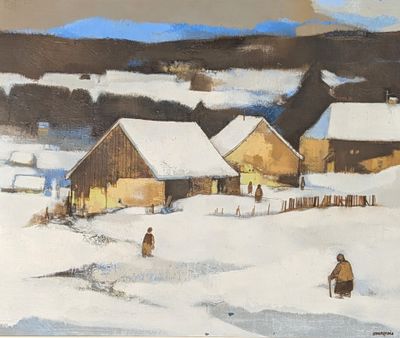 a painting of people walking in the snow near a village