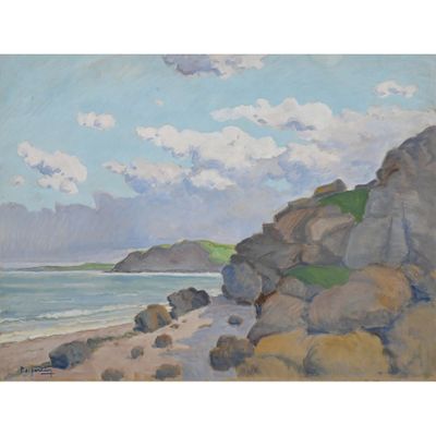 une image représentant une peinture d'une plage avec des rochers et un plan d'eau