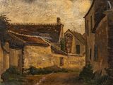 an oil painting of a street with a building and a tree in the foreground