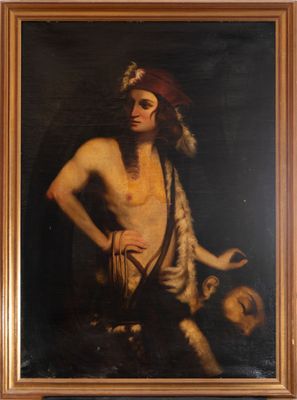 painting of a man in a red hat holding a basket
