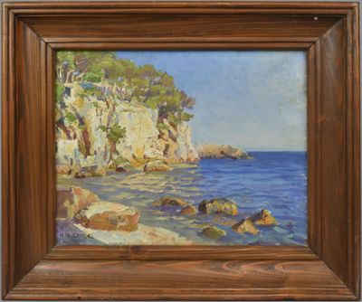 an oil painting of a rocky beach with a cliff in the background