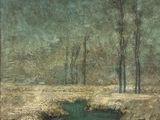 un tableau représentant un ruisseau qui traverse un champ