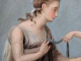 a painting of a woman combing a child ' s hair