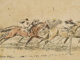 drawing of a group of men riding horses on a dirt road