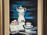 painting of a tea pot and a cup of coffee on a table