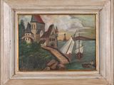 an oil painting of a boat in a body of water with a castle in the background