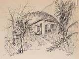 dessin représentant une maison au milieu d'un jardin avec des arbres et des buissons