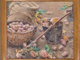 une peinture à l'huile représentant un panier de pommes de terre et un seau de carottes