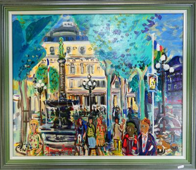 tableau représentant une scène de rue urbaine avec des personnages et une fontaine